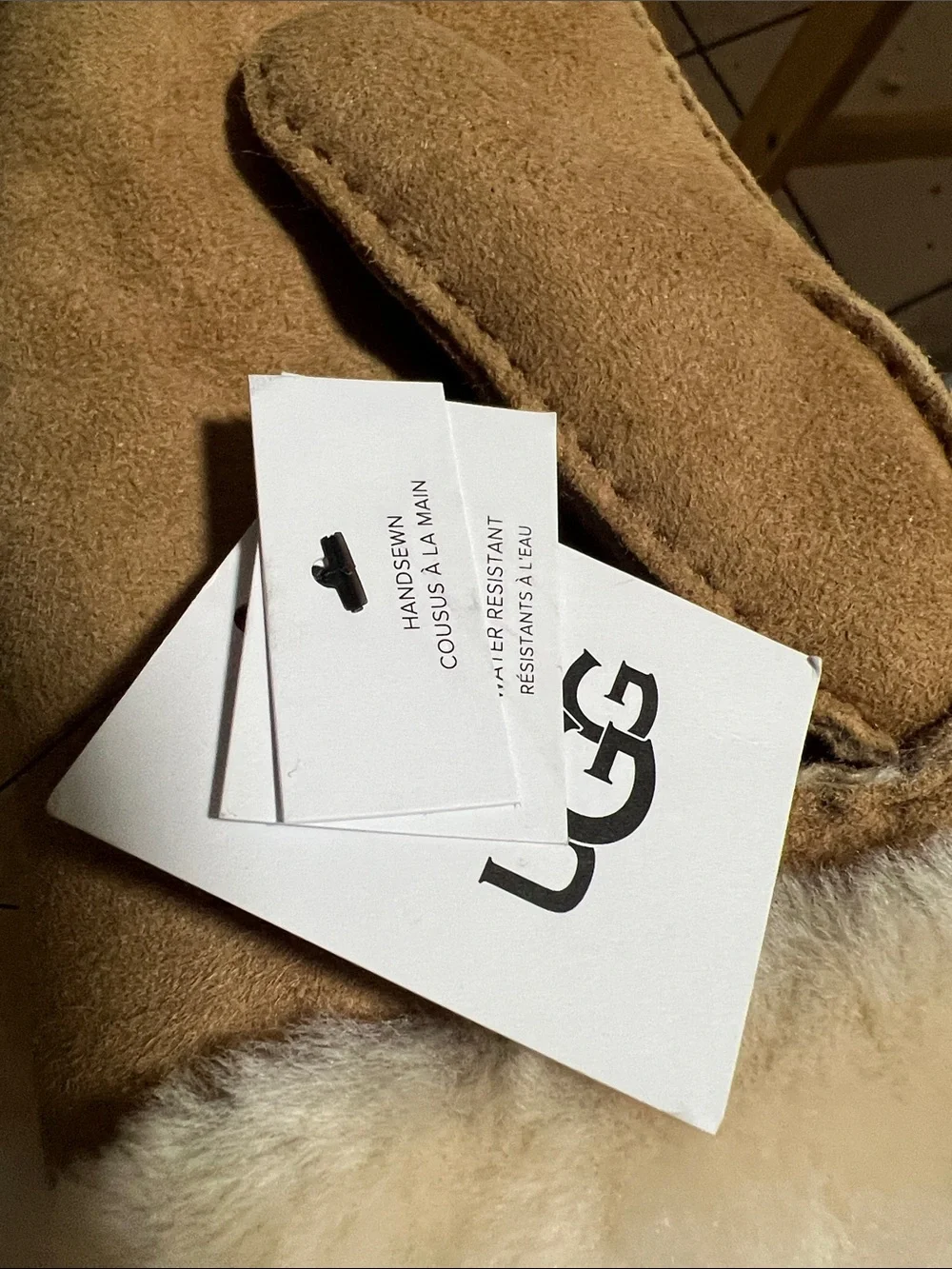 UGG Chestnut Suede Embroidered Shearling-Trim Mittens